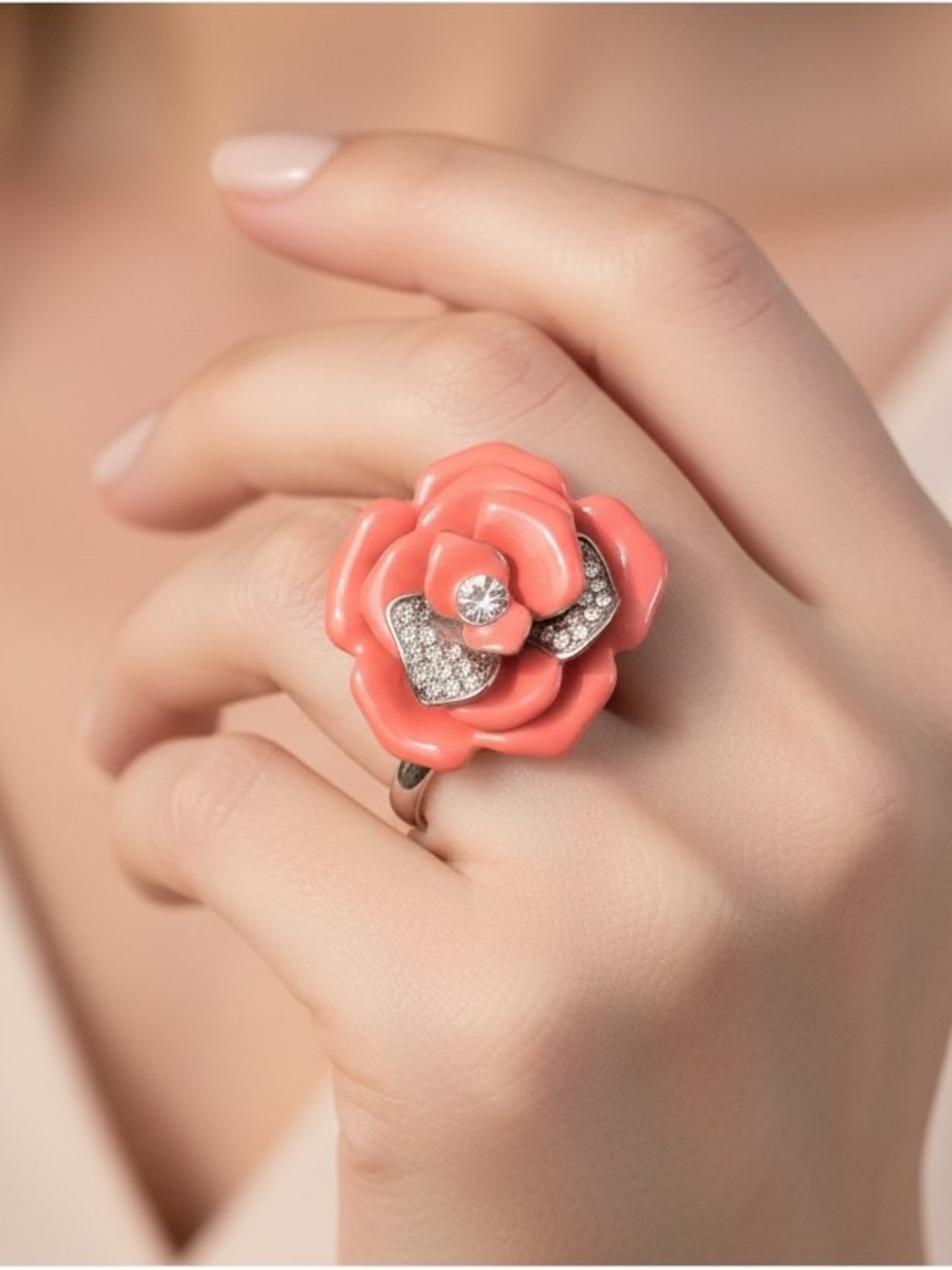 Coral Flower Crystal Accent Ring - Women Jewelry